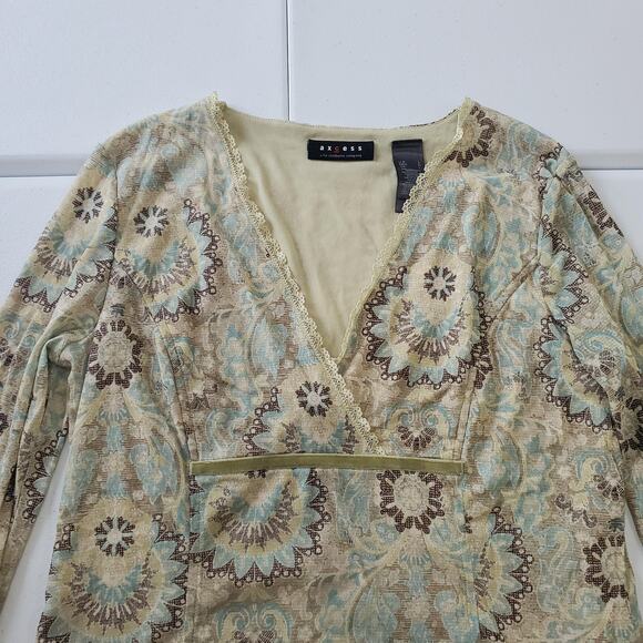 Y2K Babydoll Forest Fairy Top Womens Large Green Pattern Boho Long Sleeve - Picture 2 of 7